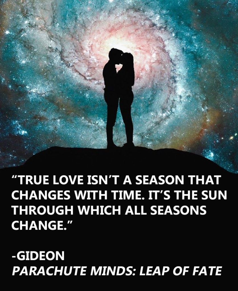 Two people kissing with stars behind them and a quote from Parachute Minds